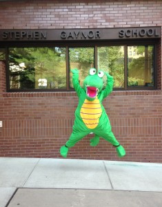 The Gaynor Gator jumping in front of the 90th Street entrance