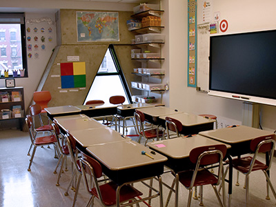 Interior of a classroom with desks