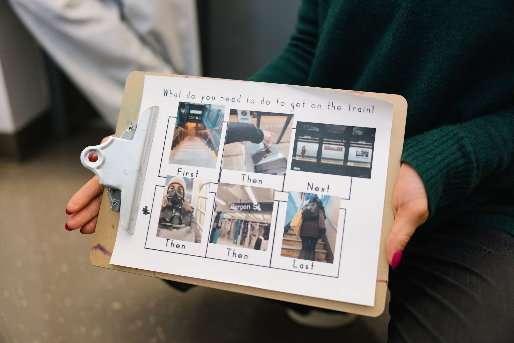 A clipboard with photos depicting how to get on the train.