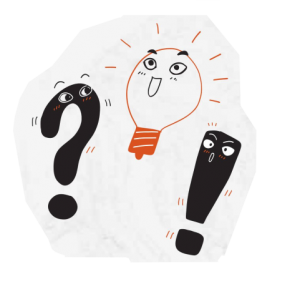 Cartoon graphic of lightbulb, question mark, and exclamation point with faces