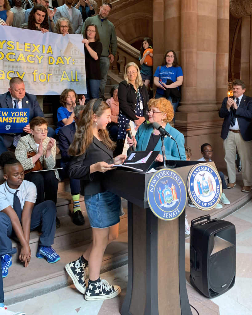Silver Cluster student Liora R. chats with Assemblymember JoAnne Simon on the Million Dollar Staircase in Albany.
