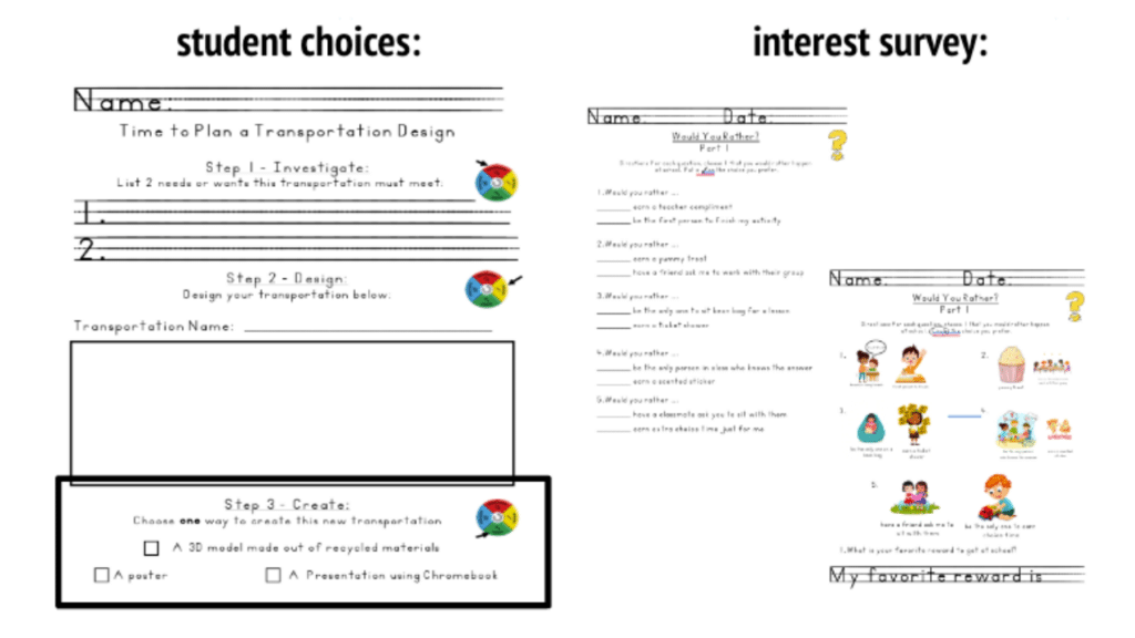 Examples of student choice and interest surveys, elements of Universal Design for Learning
