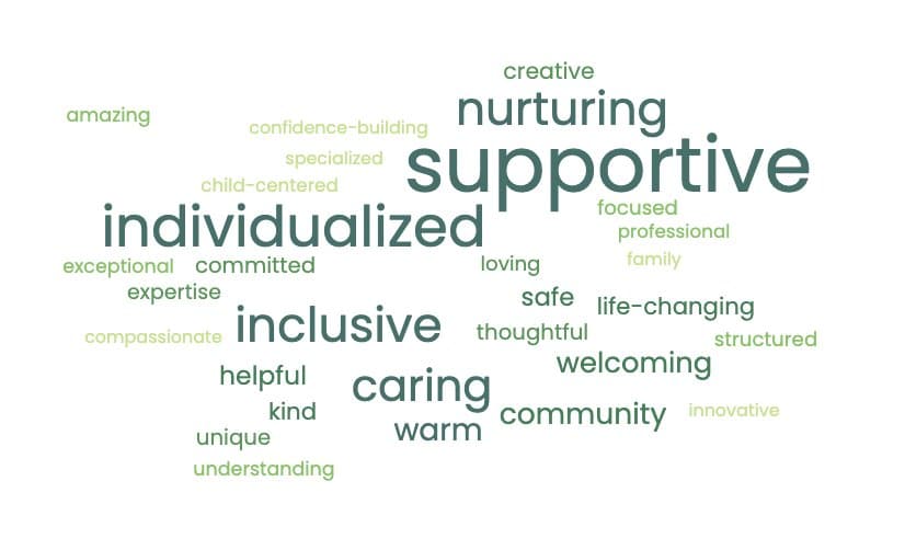A cloud of words that describe Stephen Gaynor School. Most prominent words are supportive, individualized, inclusive, nurturing.