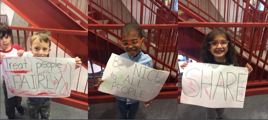 Students in the EC created signs with the "big words" they learned including "treat people fairly," "be nice to all people," and "share." They then peacefully marched around the halls of Gaynor. Students in the EC created signs with the "big words" they learned including "treat people fairly," "be nice to all people," and "share." They then peacefully marched around the halls of Gaynor.