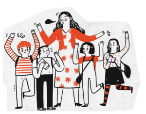 Cartoon graphic of teacher with four students