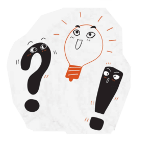 Cartoon graphic of lightbulb, question mark, and exclamation point with faces